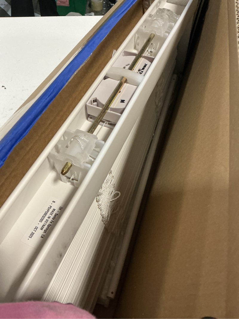 Condition photo showing As Is for CHICOLOGY Cordless Faux Wood Blinds, Window Shades, 22''W x 72''H, Basic White 22"W X 72"H Basic White