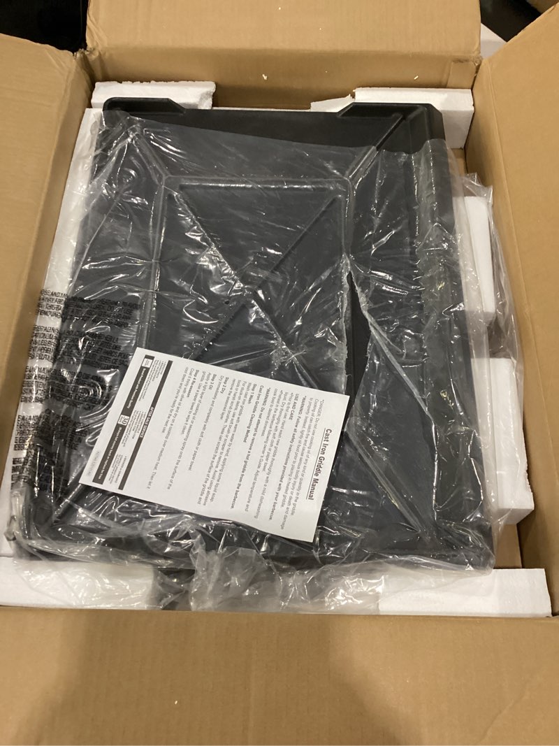 Condition photo showing New/Like New for updated cast iron griddle for gas grill, 23" x 16" large matte porcelain enamel griddle for gas & charcoal grills, universal flat top plate with extra high sidewalls for camping, tailgating, parties 23" x 16" x 2.6"
