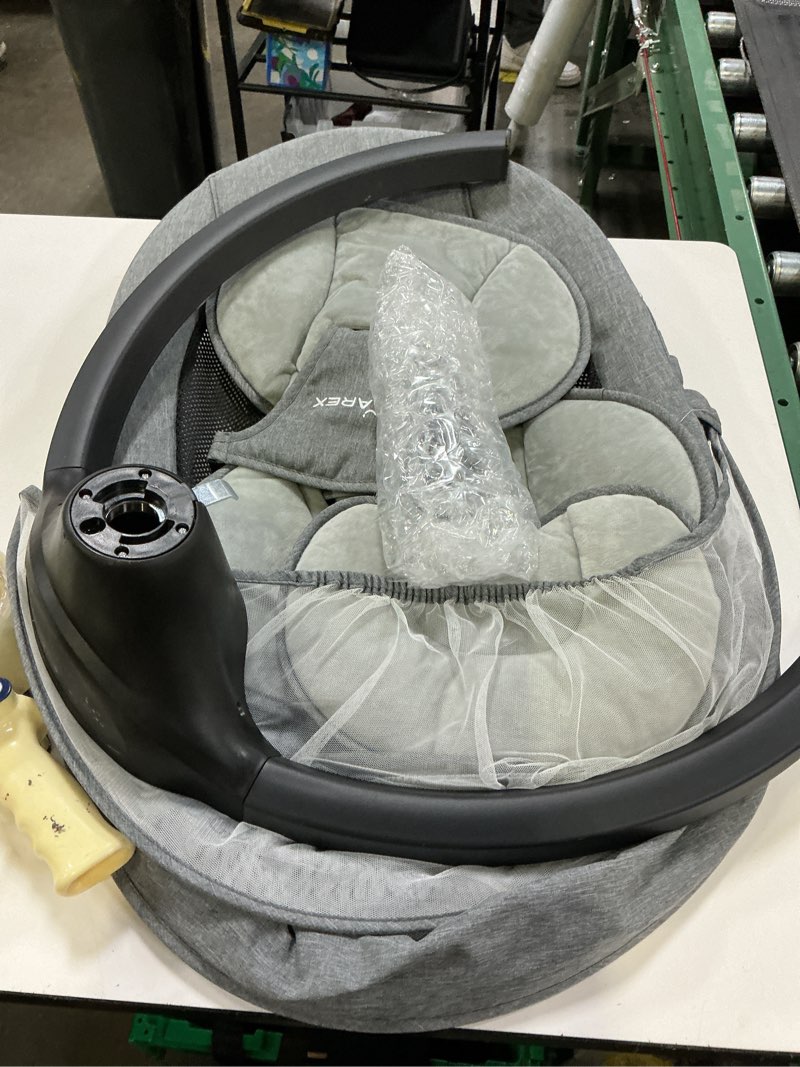 Condition photo showing As Is for larex baby swing infant swing electric toddler baby rocker portable for newborn boy girl, 5 sway speeds with remote control, 10 preset melodies and bluetooth, 0-6 months max 20 lbs (black)