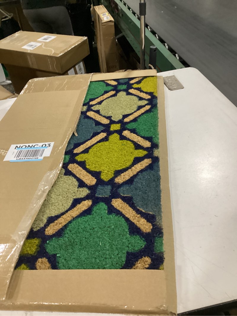 Condition photo showing New/Like New for dii natural coir geometric modern outdoor door mat, front porch décor, 17x29, blue mosaic