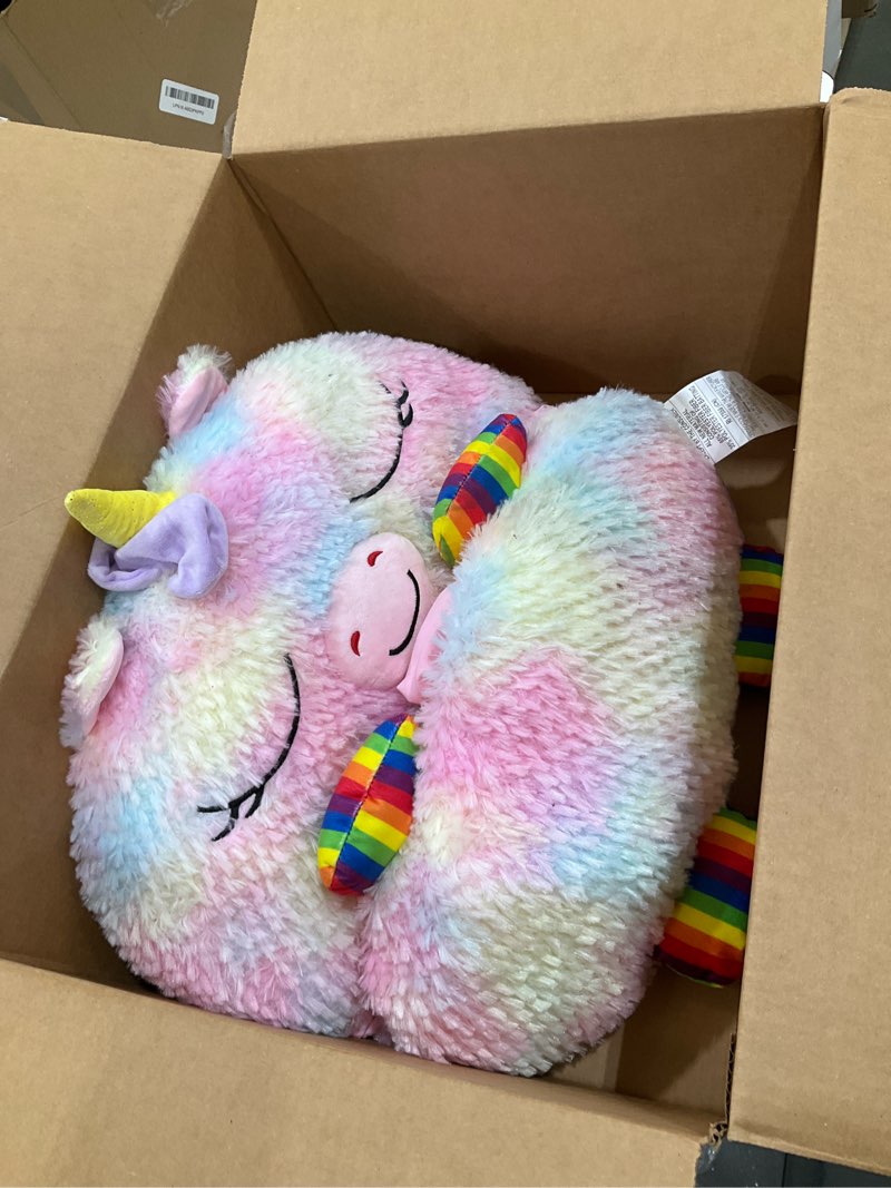 Condition photo showing As Is for Happy Nappers: Pillow & Sleepy Sack: Medium - Rainbow Unicorn - 54 x 20, Plush Animal Character, 2-in-1 Pillow Sleeping Bag, Play, Kids Ages 3+ Medium (54" x 20") Rainbow Unicorn