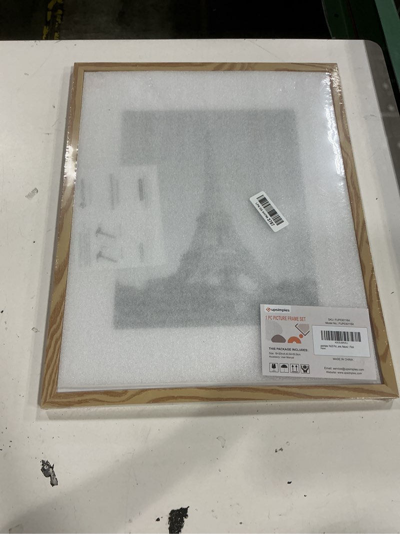 Condition photo showing New/Like New for upsimples 16x20 picture frame, display pictures 11x14 with mat or 16 x 20 without, wall hanging poster frame, natural style, 1 pack natural style 16x20
