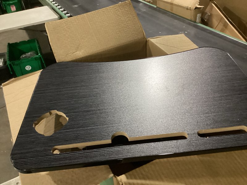 Condition photo showing As Is for laptop bed desk, foldable lap desk, portable lap table, laptop stand with cup holder & tablet slot & lifting handle for working writing drawing & eating - black