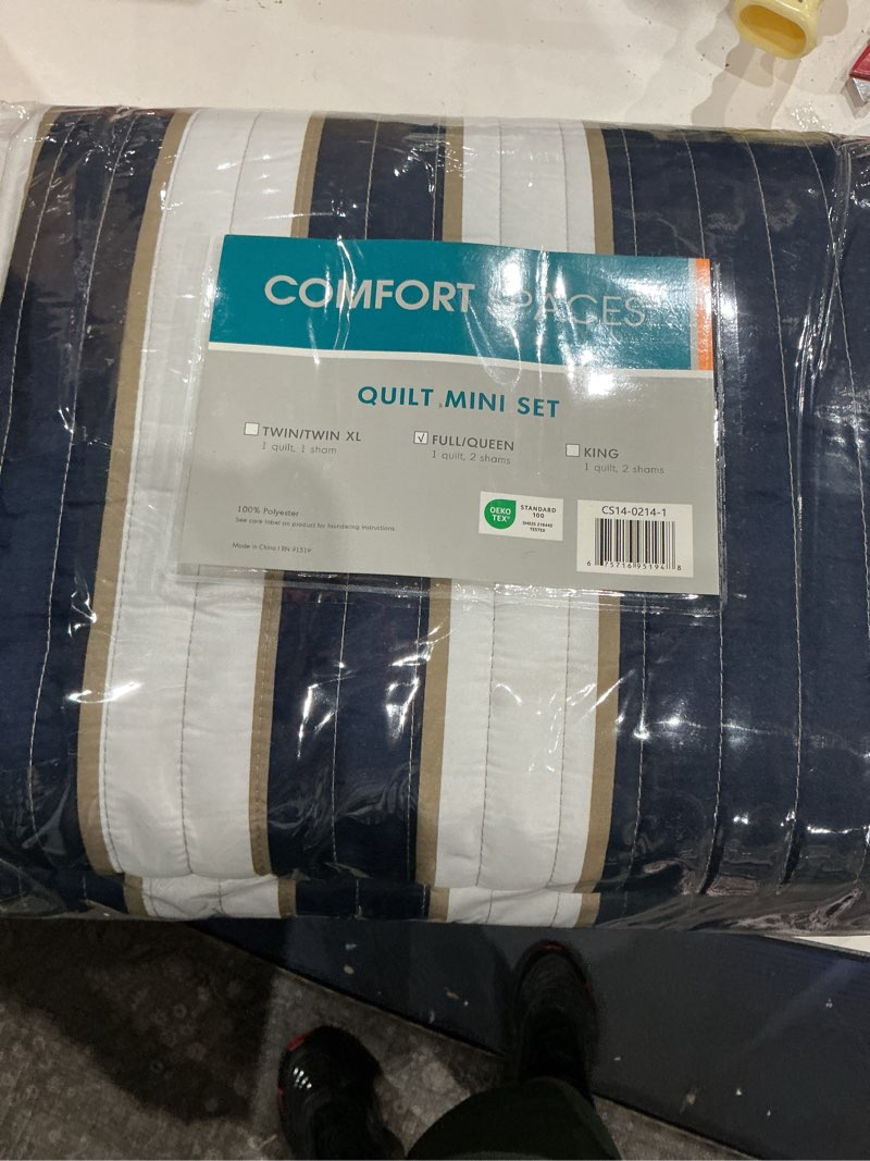 Condition photo showing As Is for comfort spaces quilt set trendy casual fun, vibrant color design, hypoallergenic all season, lightweight coverlet bedspread cozy kids bedding & sham full/queen verone white blue stripe 3 piece full/queen blue