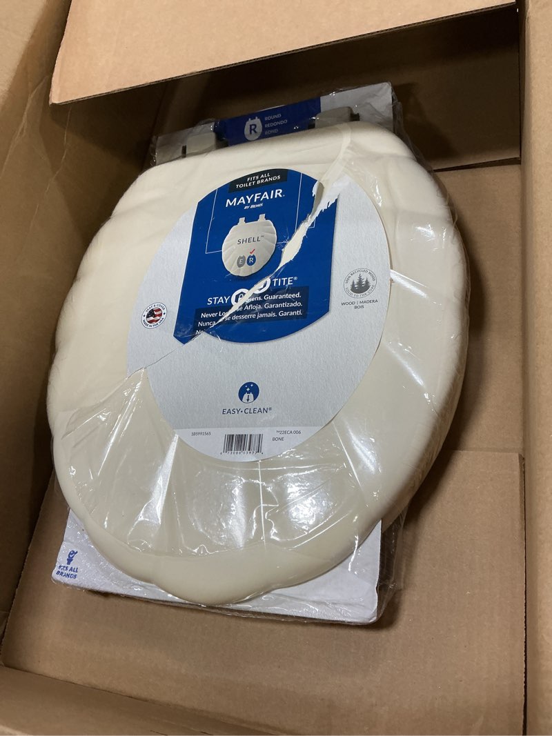 Condition photo showing Good Condition for Mayfair Sculptured Shell Toilet Seat, Easy Clean Hinges with Durable Wood Seat, Made in USA, Round, Bone Bone Round Shell Bone