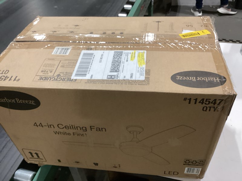 Condition photo showing Good Condition for Harbor Breeze Beach Creek 44-in White with White/Barnwood Blades LED Downrod or Flush