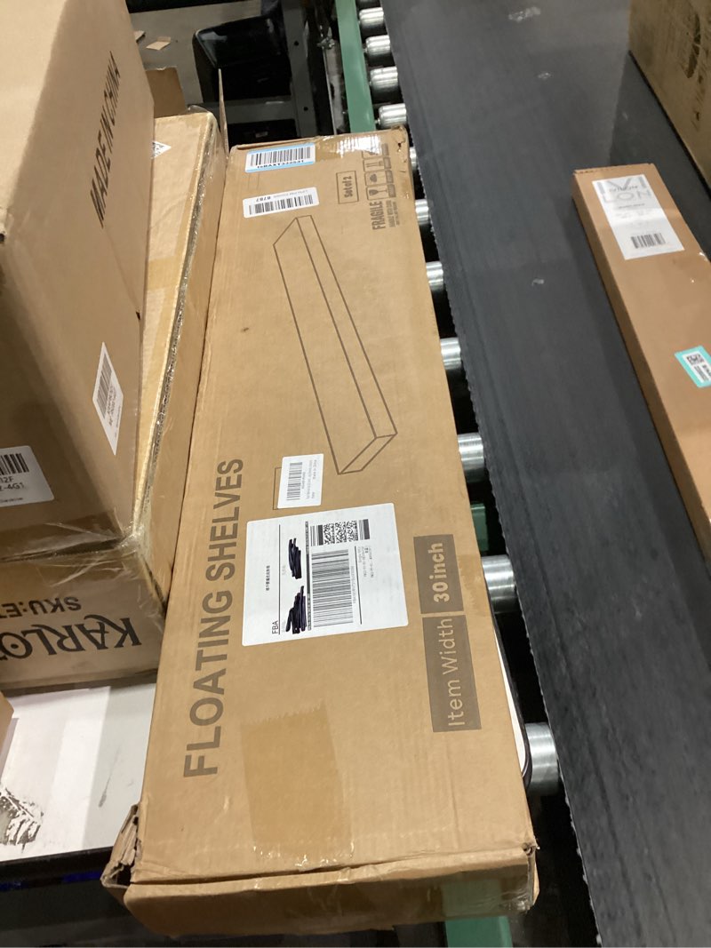 Condition photo showing New/Like New for 30 Inch Floating Shelves Set of 2, Rustic Solid Elm Wood Floating Shelf for Farmhouse, Living Room, Bedroom, Wall Mounted Bathroom Shelves Heavy-Duty Wall Shelf with Invisible Bracket, Natural Natural Flat Edge, 30"W, 2Pack