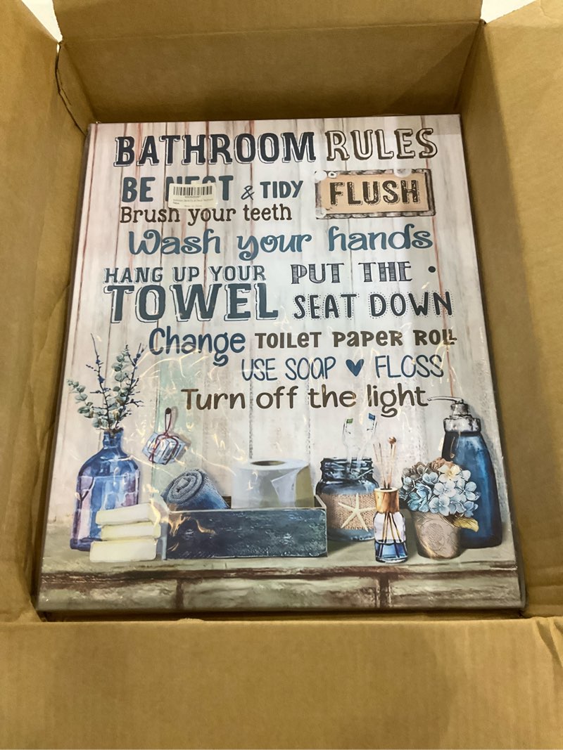 Rustic Bathroom Rules Sign - Navy Blue Wall Art, 16x20 inch Framed Modern Artwork for Bathroom, Toil