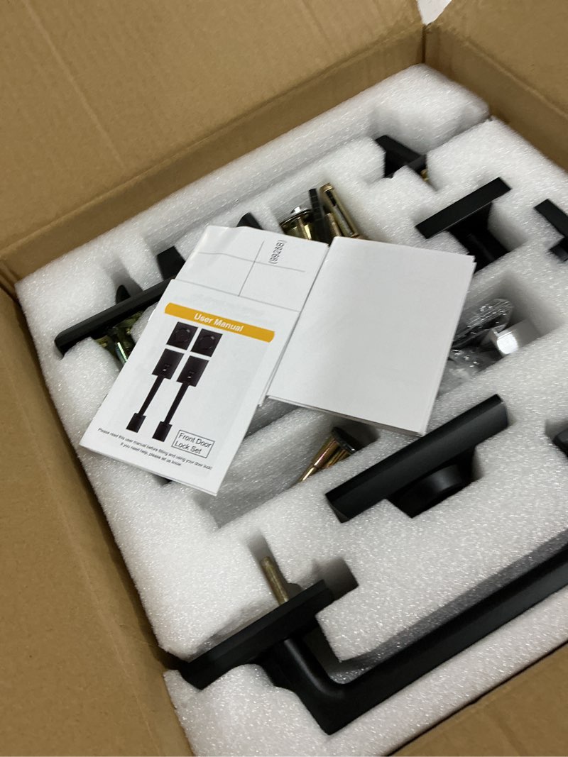 Condition photo showing Good Condition for double front door lock set, keyed entry front door handleset with dummy, square heavy duty door lever and single cylinder deadbolt combo, matte black matte black double square handles