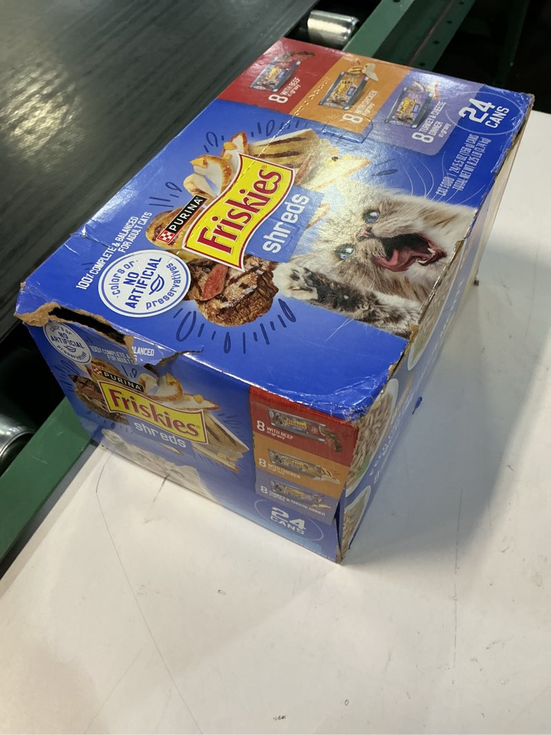 Condition photo showing New/Like New for (best before jan / 2028 ) (24 pack) friskies gravy wet cat food variety pack, shreds beef, chicken and turkey & cheese dinner, 5.5 oz. cans