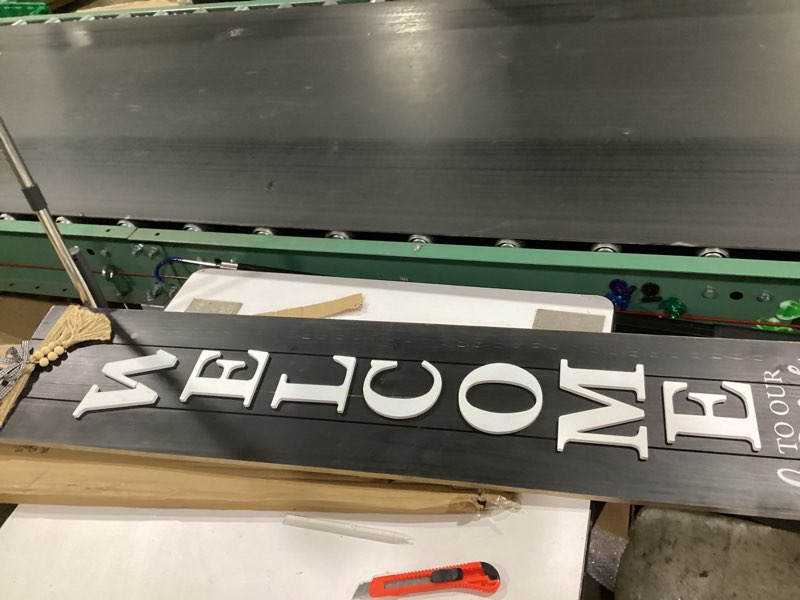 Condition photo showing As Is for ** broken\"w\" ** mode home large vertical welcome sign for front door porch, 47x10 inch solid wood farmhouse porch decor, 3d raised letters rustic welcome to our home sign with beads & bow, no assembly required, black.