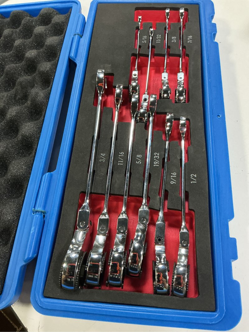 Condition photo showing New/Like New for anbull sae 10pcs ratcheting wrench set with 180° open flex-head, open end ratcheting standard 72 gears, cr-v steel tubing ratchet wrench 10pcs-sae