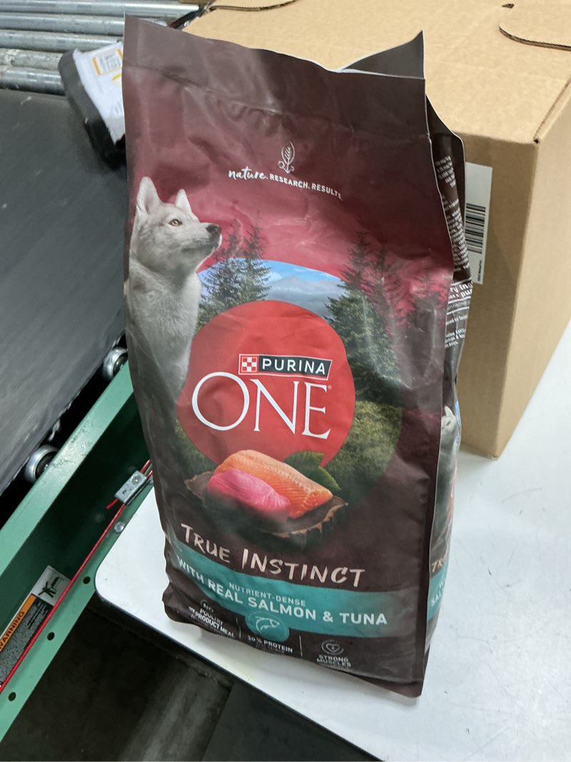 Condition photo showing As Is for (best by apr 2026) purina one smartblend true instinct natural real salmon & fish flavor dry dog food - 7.4lbs