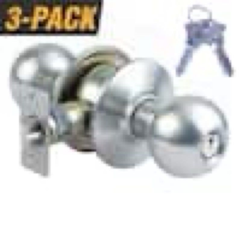 Condition photo showing As Is for stainless steel grade 2 entry door knob with 6 sc1 keys (3-pack, keyed alike)