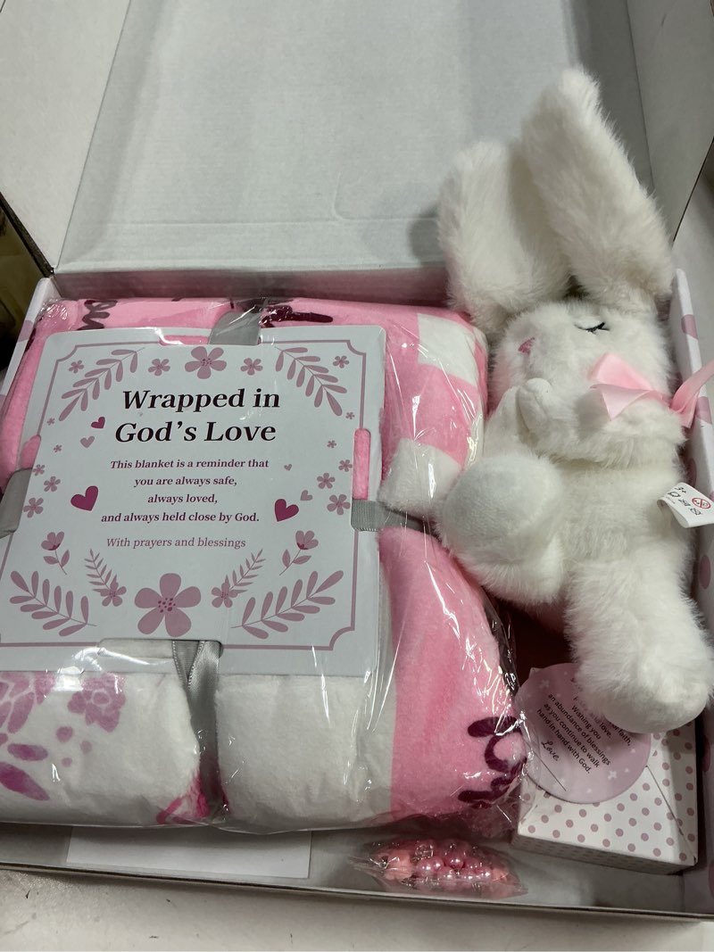 Condition photo showing New/Like New for baptism gifts for girl, christening gift set for baby girls, baby dedication gift, includes bunny stuffed animal, first rosary beads, prayer book, keepsake blanket, catholic baptism gift basket pink