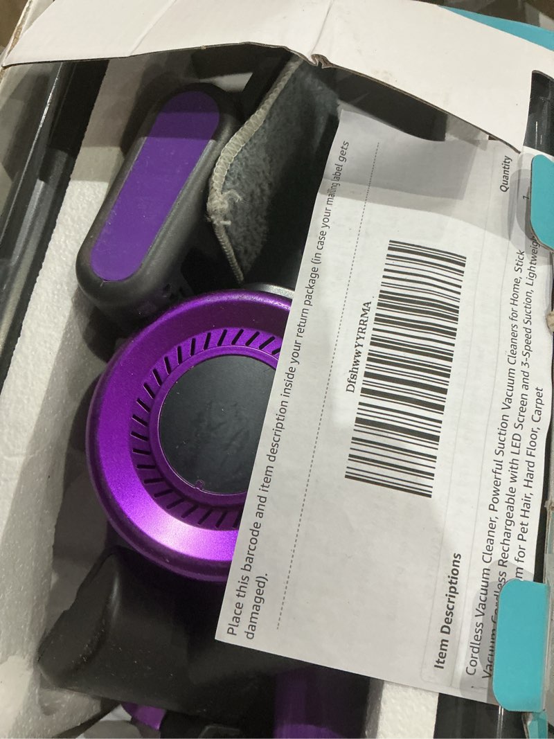 Condition photo showing As Is for Cordless Vacuum Cleaner, Powerful Suction Vacuum Cleaners for Home, Stick Vacuum Cordless Rechargeable with LED Screen and 3-Speed Suction, Lightweight Handheld Vacuum for Pet Hair, Hard Floor, Carpet Purple