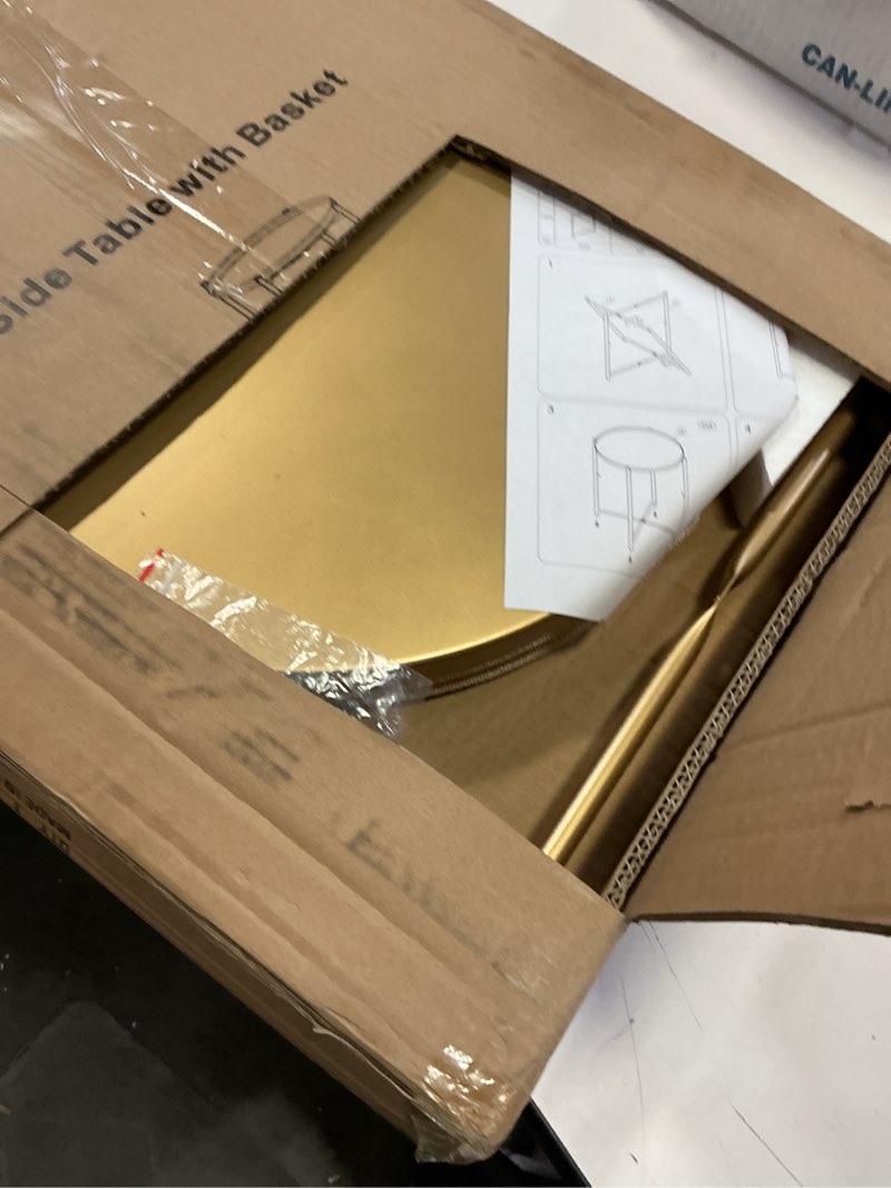 Condition photo showing Good Condition for danpinera Round Side Table with Fabric Storage Basket, Metal Side Small Bedside Table Nightstand with Removable Tray Top for Living Room, Bedroom, Nursery, Bathroom, Gold Gold 1