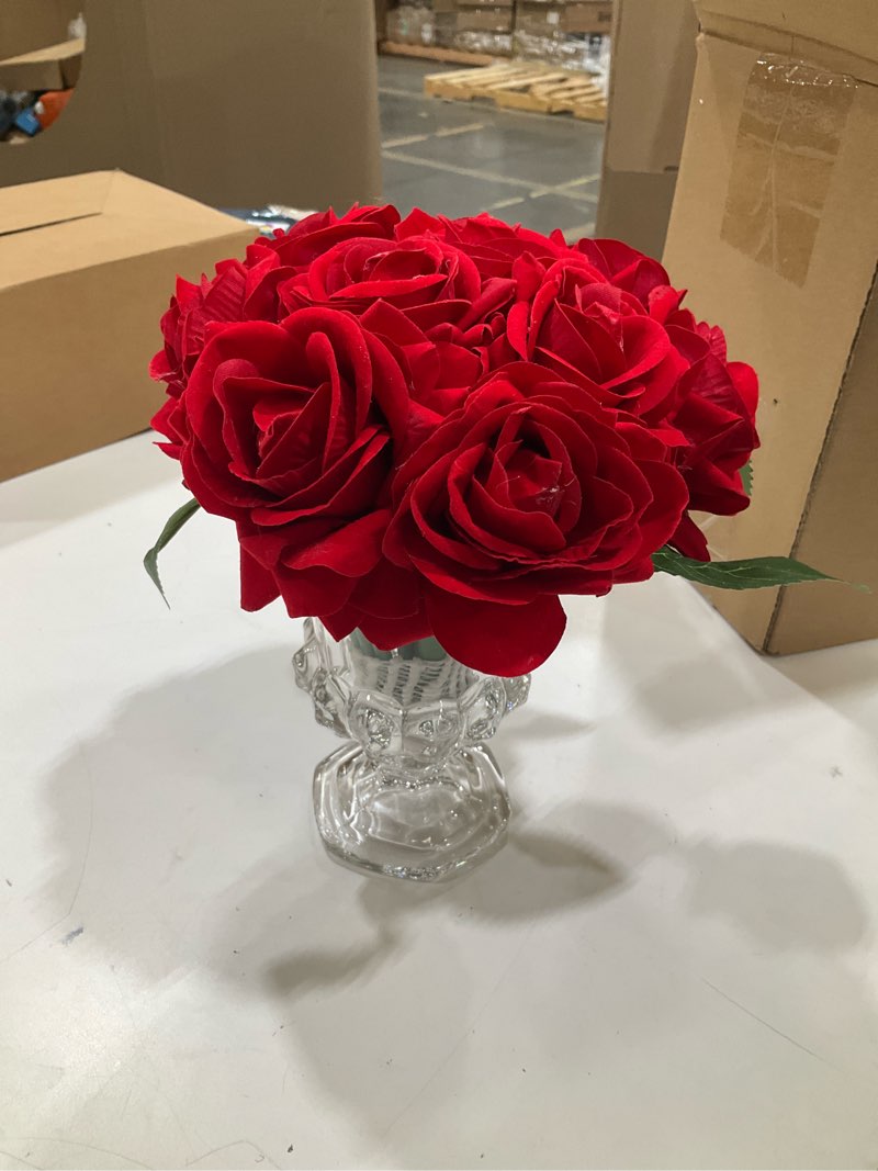 Condition photo showing Good Condition for velvet roses in crystal glass vase, artificial flowers with vase, silk flower arrangements for home, wedding, and office décor table arrangement centerpiece, burgundy burgundy 1