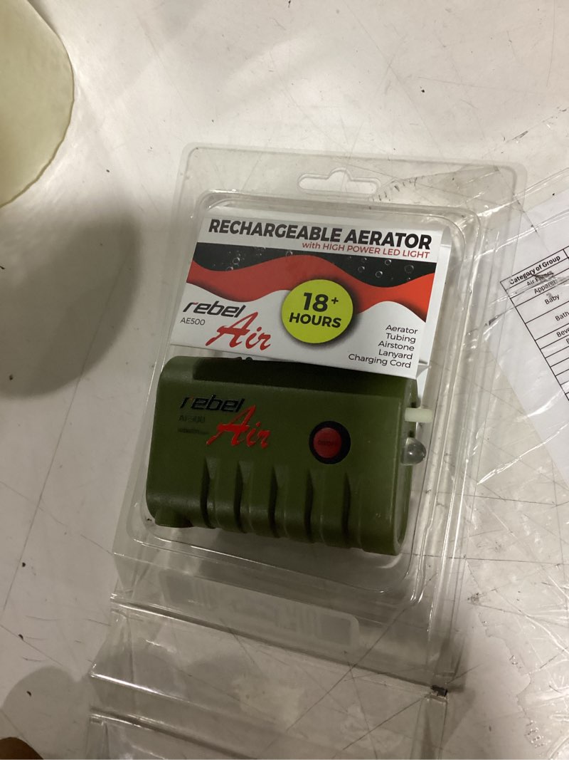 Condition photo showing As Is for rebelfin pocket sized rechargeable 18 hour army green foam bucket aerator with powerful led light to aerate up to 6 gallons of freshwater minnows.