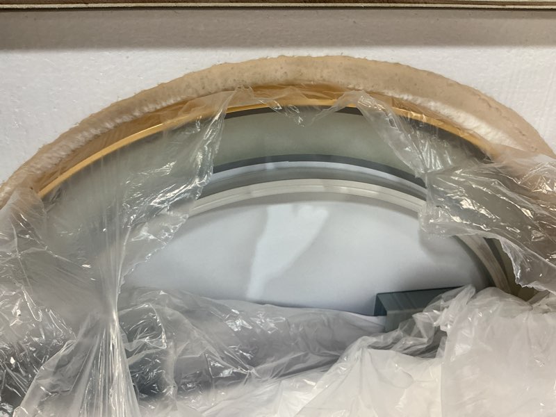 Condition photo showing Good Condition for 32"x20" oval led bathroom mirror, oval lighted vanity bathroom mirror with gold frame anti fog smart mirror with 3 colors dimmable for makeup, frontlit, waterproof horizontal/vertical gold 32"l x 20"w