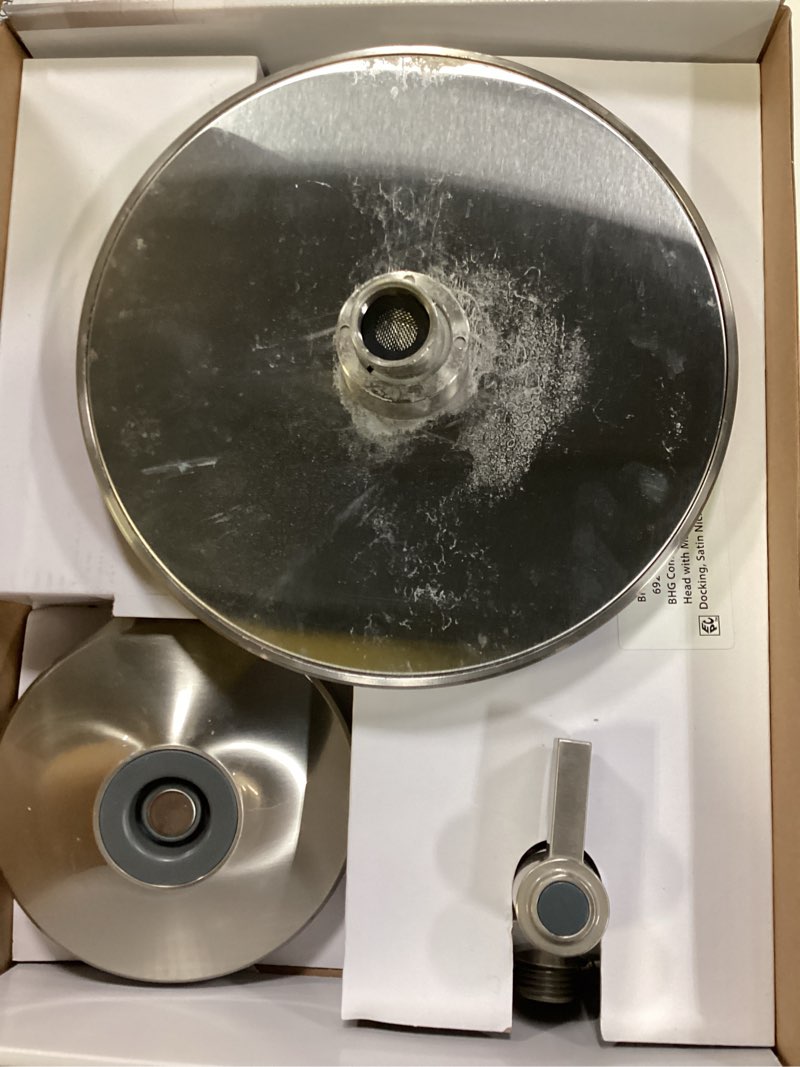 Condition photo showing As Is for better homes & gardens satin nickel magnetic shower combo