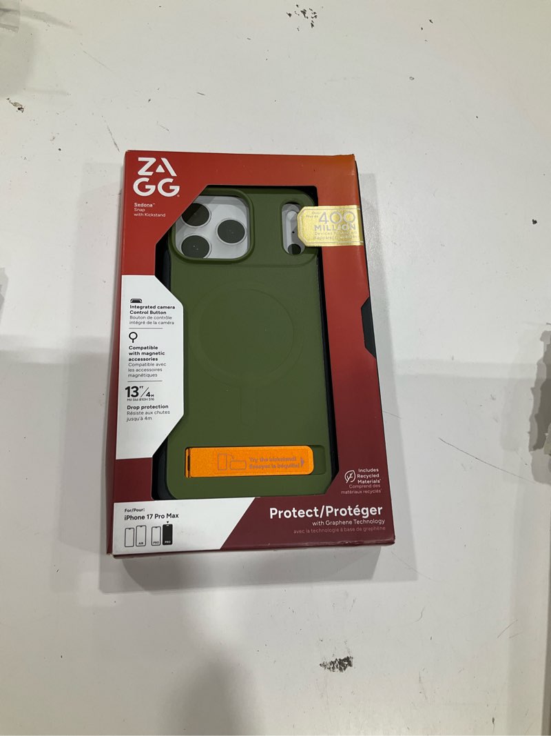 Condition photo showing Good Condition for zagg sedona snap case with kickstand for iphone 17 pro max - green sea kelp, drop protection (13ft/4m), multi-layer protection, with camera button, magsafe phone case with impact-absorbing bumpers iphone 17 pro max with kickstand green sea kelp