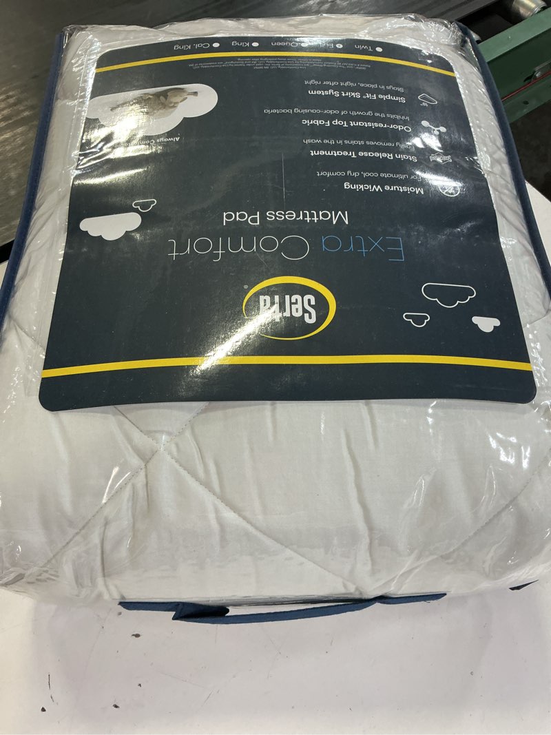 Condition photo showing New/Like New for serta air dry extra comfort plus 100% cotton fabric quilted mattress pad, cooling and breathable mattress cover, moisture wicking protection with 18" deep pocket, full, white extra comfort plus full