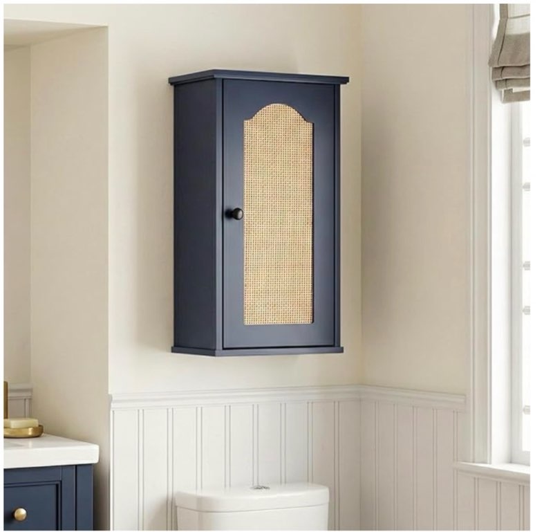  over the toilet storage cabinet, above toilet organizer with rattan door, modern blue finish, 13x25 inch space saving bathroom medicine cabinet