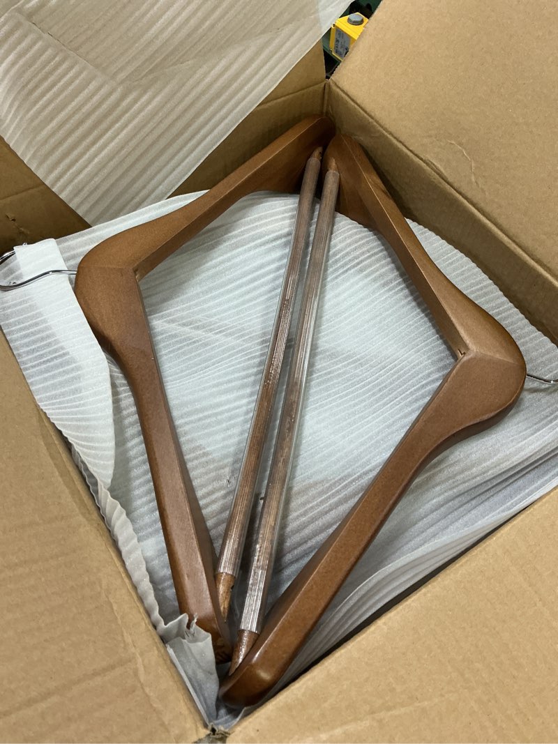 Condition photo showing New/Like New for Suit Hangers 6 Pack,Wide Shoulder Wooden Hangers,Solid Wood Coat Hangers with Heavy Duty Retotating Hooks & Non Slip Pants Bar,Smooth Finish Clothes Hanger for Sweater, Pants, Jacket(Walnut) Walnut 6