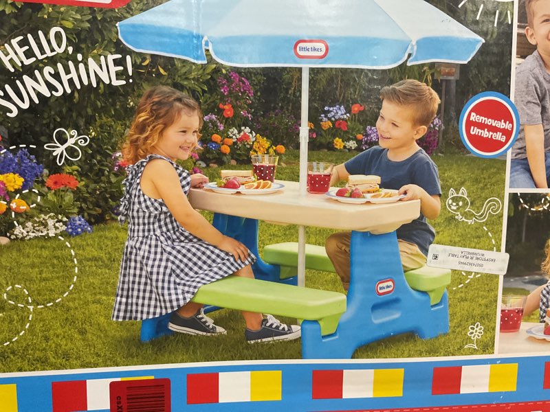 Condition photo showing New/Like New for little tikes easy store jr. picnic table with umbrella - blue / green blue/green junior