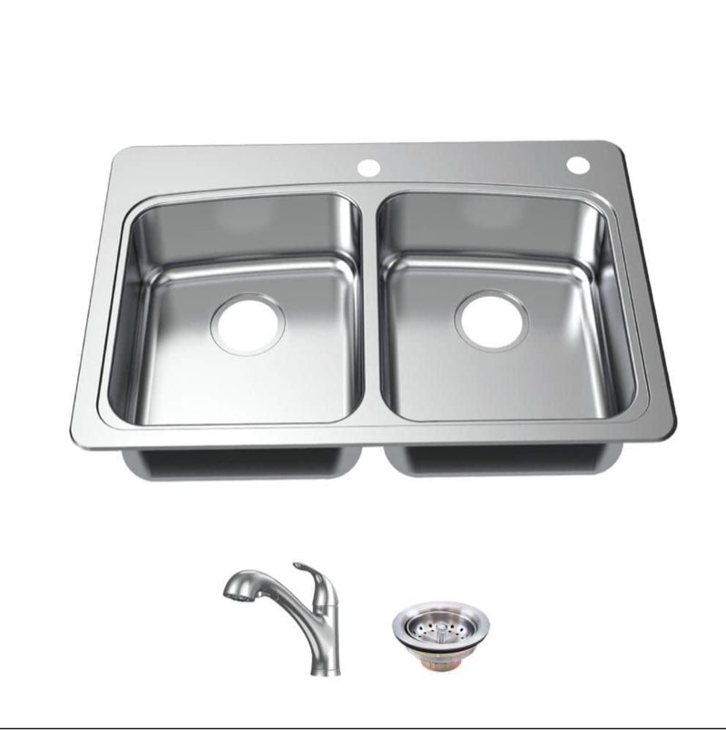 Glacier Bay All in-One 33 in. Drop-in Double Bowl 20 Gauge Stainless Steel Kitchen Sink with 2-Holes and Pull