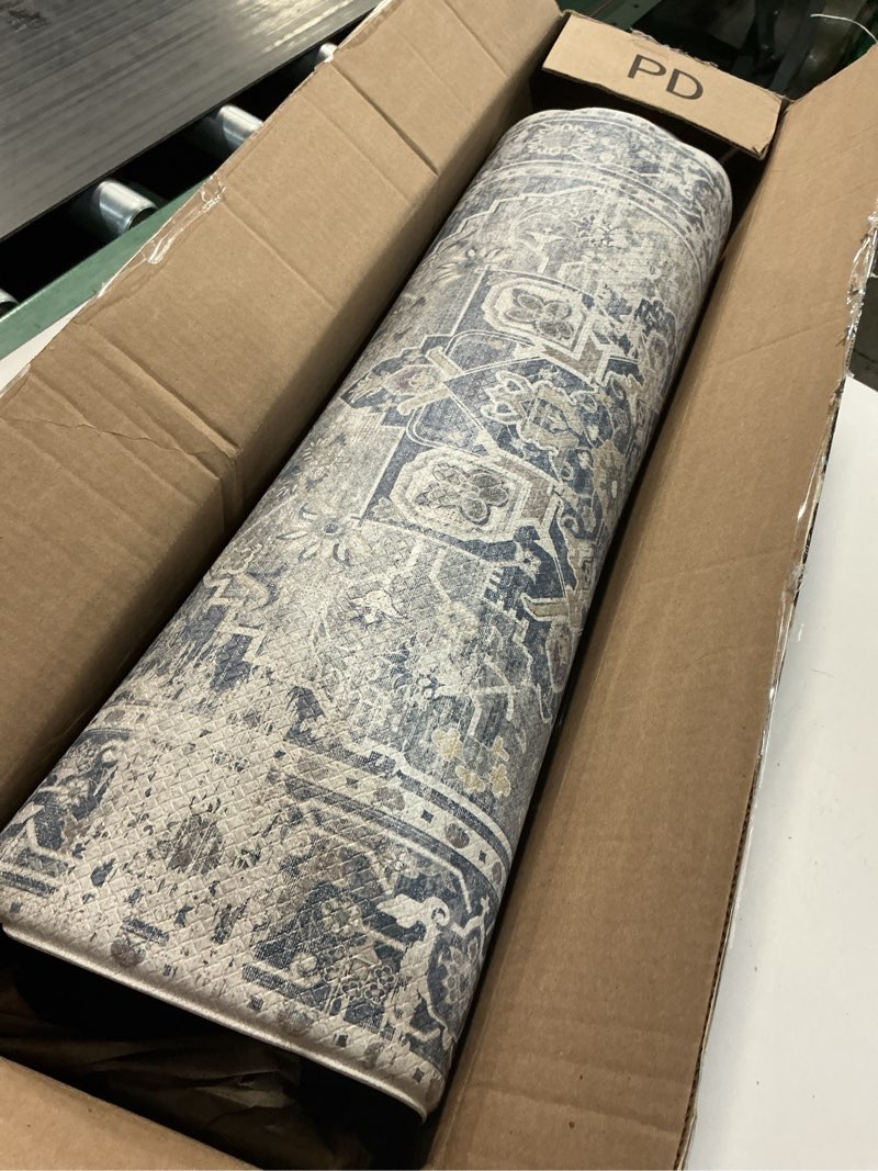 Condition photo showing As Is for DEXI Kitchen Floor Mats Anti Fatigue, 23x59 Large Cushioned Vintage Runner Rug Waterproof, Standing Comfort Memory Foam Padded for Front Sink Laundry Office, Light Grey and Blue 59"L x 23"W x 0.4"Th Blue/Light Grey