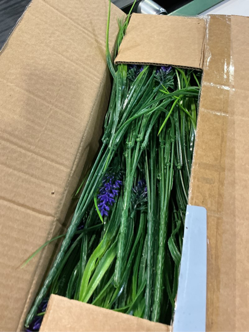 Condition photo showing As Is for rowfad 44 pcs artificial outdoor flowers lavender fake greenery plants uv resistant grass with purple flowers for pot decor for window garden patio hanging planter pathway front porch (44, purple) 44 purple