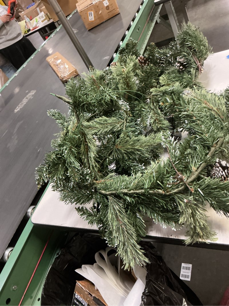 Condition photo showing Good Condition for Christmas Garland Pre-lit 9 Ft with 50 Led Lights, Battery Operated Fireplace Stairs Mantle Door Indoor Outdoor, Decorated Pine Cone and Snow Style