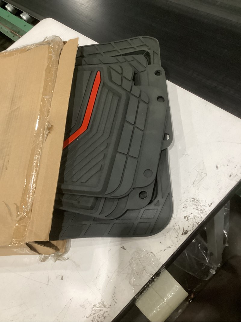 Condition photo showing Good Condition for dickies 3-piece floor automotive mats, heavy-duty rubber liners, all-weather auto protection, anti-slip design, all-season trim-to-fit custom, for vehicles, cars, trucks, suvs (black/red)