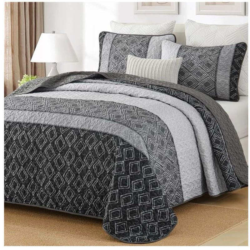 cottolester boho quilt set queen size 3 pieces,grey striped plaid bedspread,soft microfiber bedding set with 2 pillow shams 96"x90"