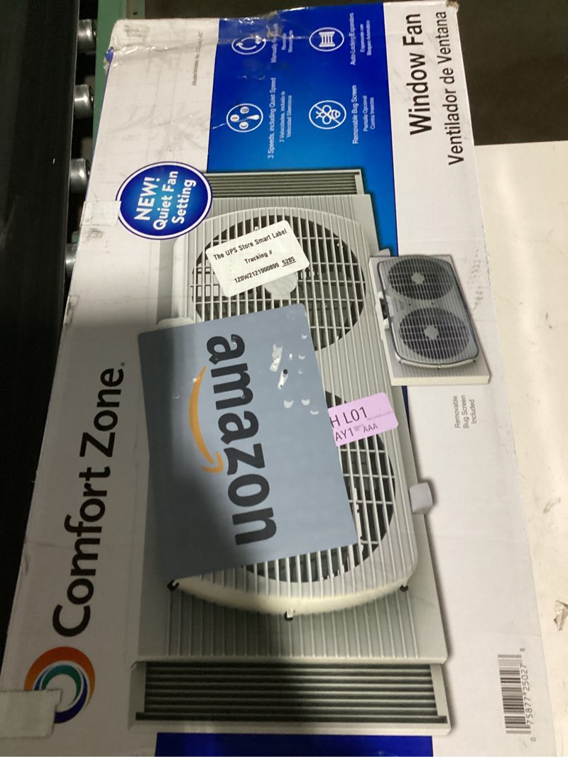 Condition photo showing New/Like New for comfort zone 9  twin window fan with quiet setting  reversible airflow control  3-speeds  expandable  exhaust  dual fan  airflow 9.84 ft/sec  ideal for home  kitchen  bedroom & office  cz319wt2