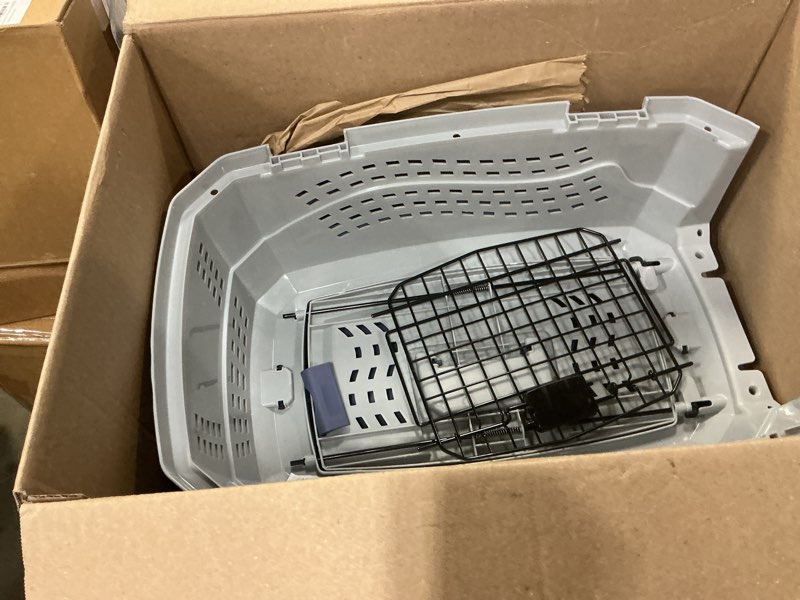 Condition photo showing As Is for amazon basics 2-door top-load hard-sided dogs, cats pet travel carrier, gray & blue, 22.8"l x 15.0"w x 13.0"h gray & blue 22.8"l x 15.0"w x 13.0"h