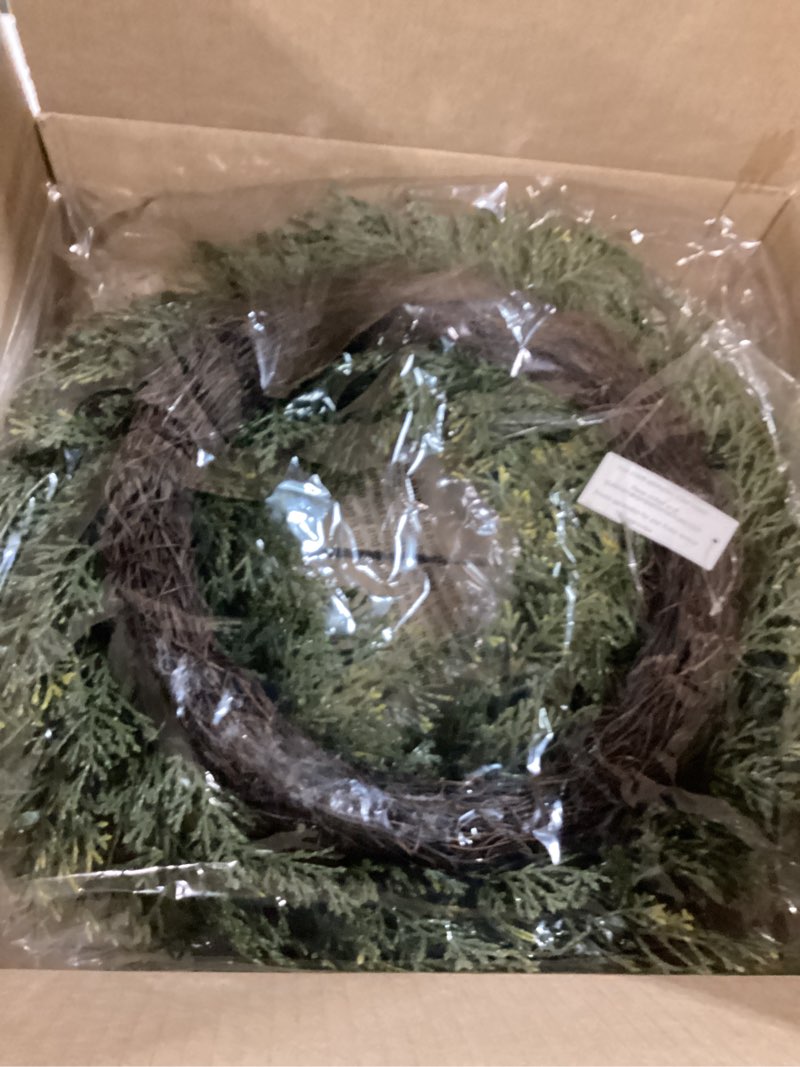 Condition photo showing New/Like New for Admired By Nature 20" Inches Faux Cedar Wreath with Berry Holiday Christmas Wreath for Front Door Home Decor, Wall Christmas Décor Indoor Outdoor Christmas Decorations, Cemetery Wreaths, Green-Berry