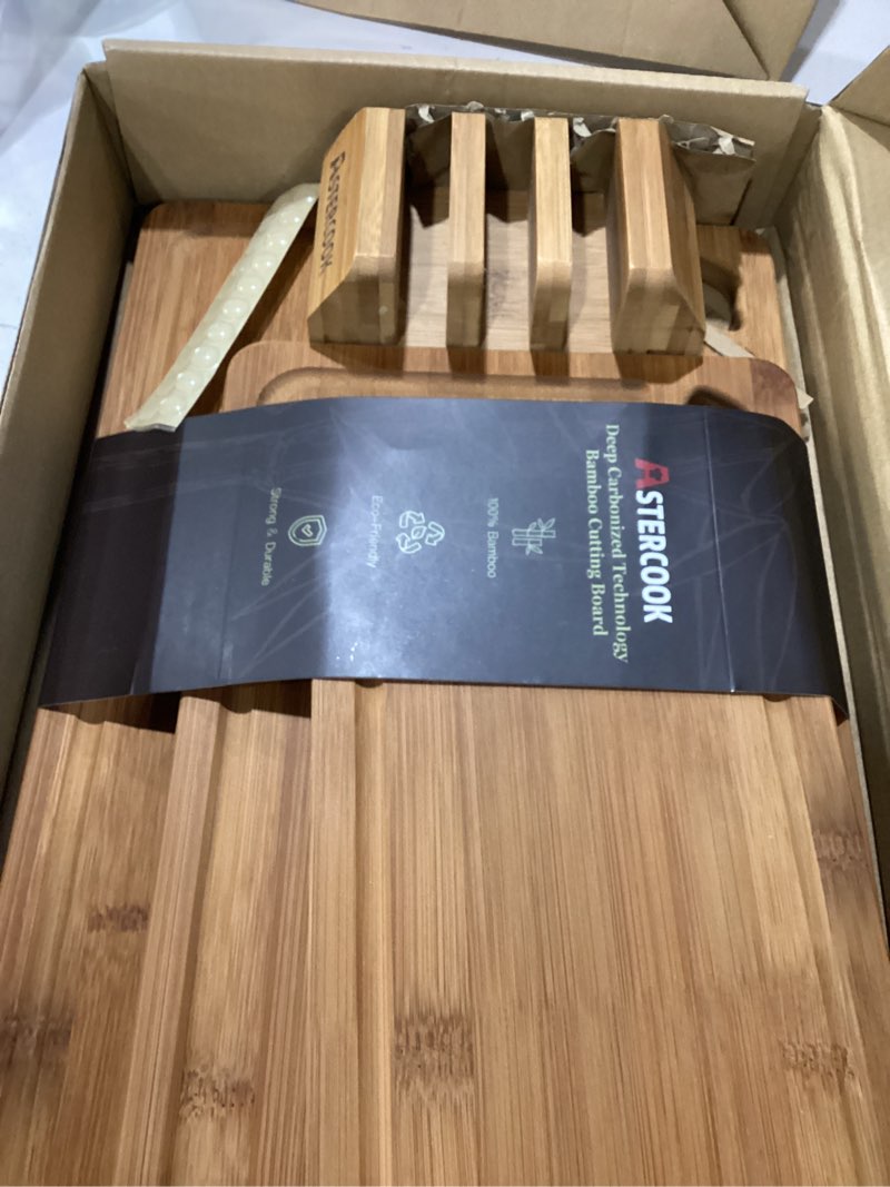 Condition photo showing New/Like New for astercook deep-carbonized bamboo cutting boards for kitchen with wood storage stand, reversible charcuterie & chopping boards with juice grooves and easy-grip handles, fathers day gift for men