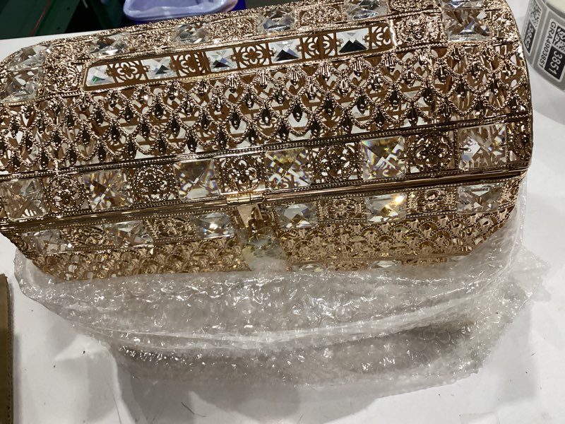 Condition photo showing Good Condition for elldoo crystal wedding card box with heart lock, vintage money card box treasure chest style gold gift for wedding receptions, centerpiece decor, anniversary keepsake, gift, large size gold large