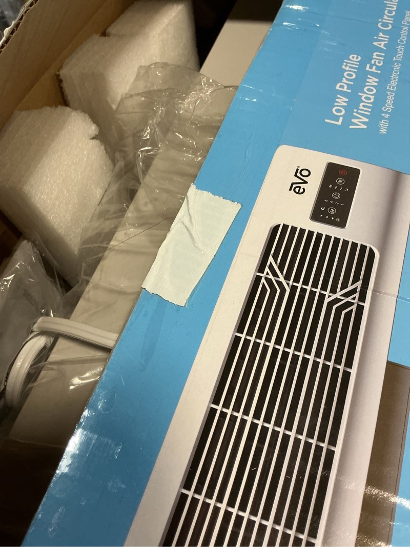 Condition photo showing Good Condition for evo low profile oscillating window fan air circulator: portable, quiet, 4 speeds, remote, etl listed, 200-500 sq. ft.