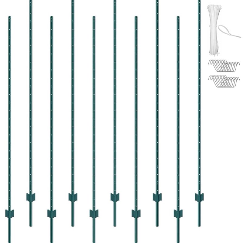 VEVOR 7 Feet Fence Post, 10 Pack U-Channel Heavy Duty Metal Fence Posts with 50 Zip Ties & 20 Clips, Sturdy Steel Fence Stakes for Garden Yard, Lawn, Farms and Outdoor Wire Fencing, Green