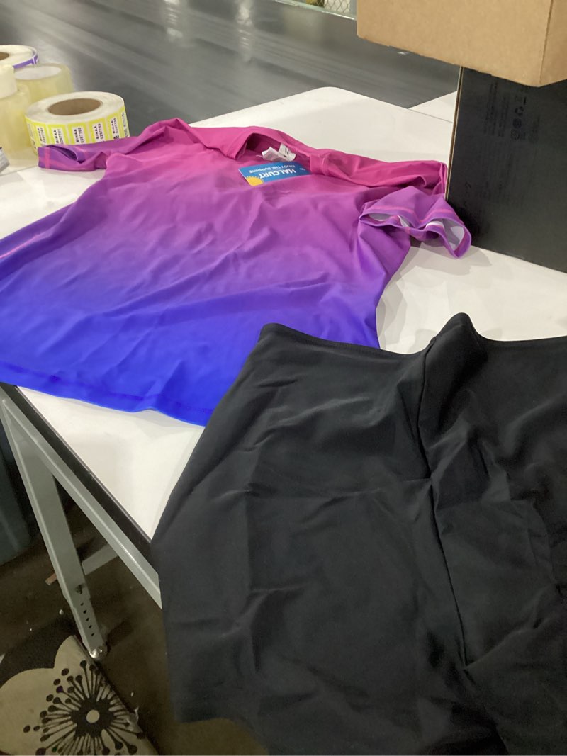 Condition photo showing Good Condition for halcurt women's built in bra rash guard upf 50 two piece swimsuit shirt and board shorts medium ombre purple blue