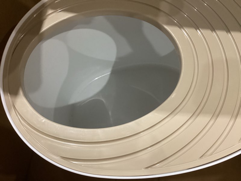 Condition photo showing As Is for iris usa cat litter box, large top entry with litter catching lid and scoop, dog proof, cat box enclosure, beige/white top entry white/beige