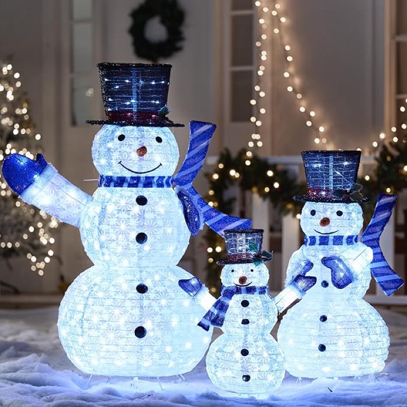 JOIEDOMI 3 Pcs 3D Christmas Collapsible Snowman Yard Light 270 Pre-Lit LED Cool White Lights for Indoor Outdoor Garden Holiday Décor, Xmas Event Decoration, Christmas Eve Night, Blue Scarf