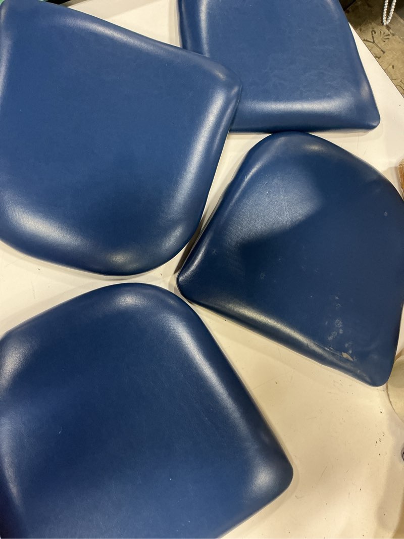 Condition photo showing As Is for vinyl padded replacement seat for metal frame chairs and bar stools, black, 16 3/4 x 16 1/2 inch, 2 1/2 inch thick (navy, vinyl, seat for metal frame seating) navy vinyl seat for metal frame seating 4 pcs