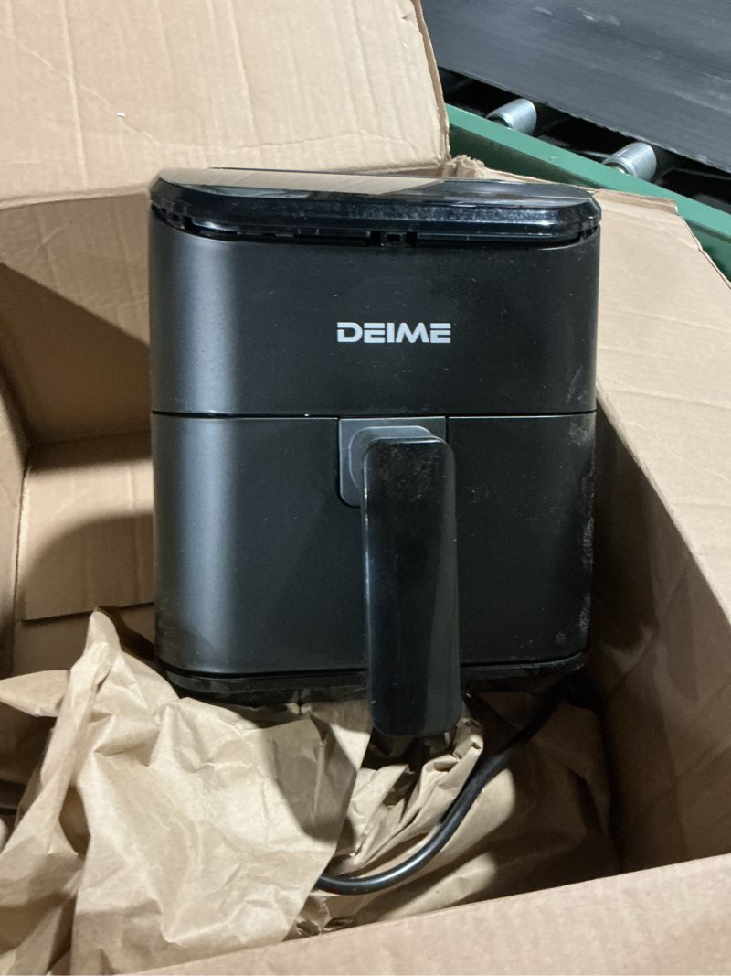 Condition photo showing As Is for deime air fryer, small digital 3 qt airfryer space saving compact, bake, reheat, roasts for quick easy meals, mini compact & quiet, nonstick & dishwasher safe basket (black)