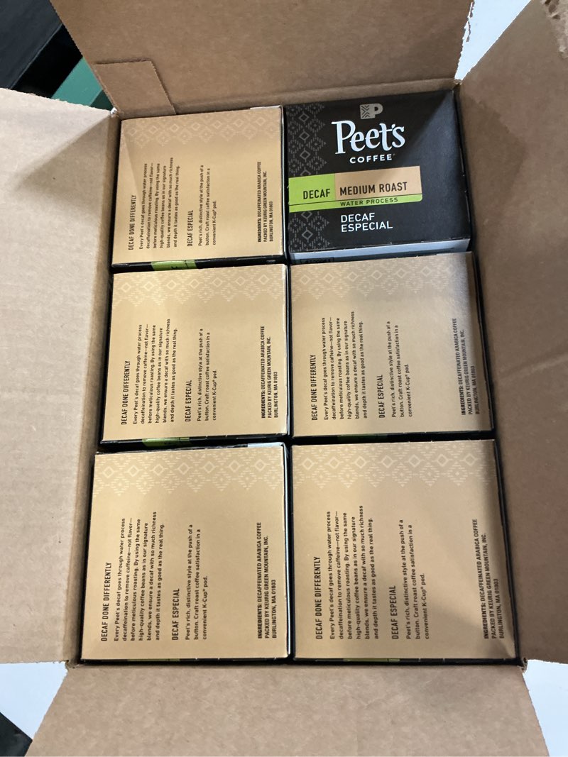Condition photo showing Good Condition for (best by 04/20/2026) peet's coffee, medium roast decaf keurig k-cup pods, decaffeinated arabica coffee - decaf especial 60 count (6 boxes of 10 k-cup pods) decaf especial 10 count (pack of 6)