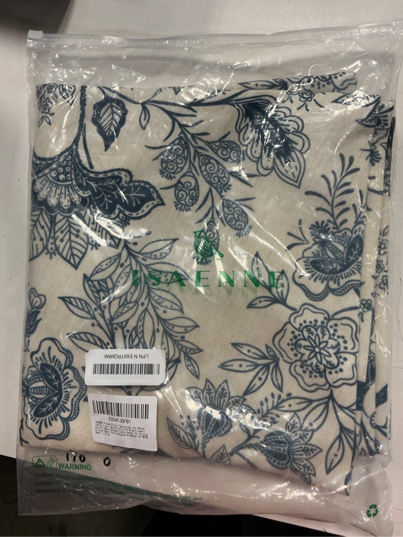 Condition photo showing New/Like New for isaenne designer vintage linen round tablecloth,diameter 67"-ruyi b | french elegant table cloth for round table,blue floral pattern,durable,heavyweight,dining room,kitchen,thanksgiving,decor ruyi b 67" (round)